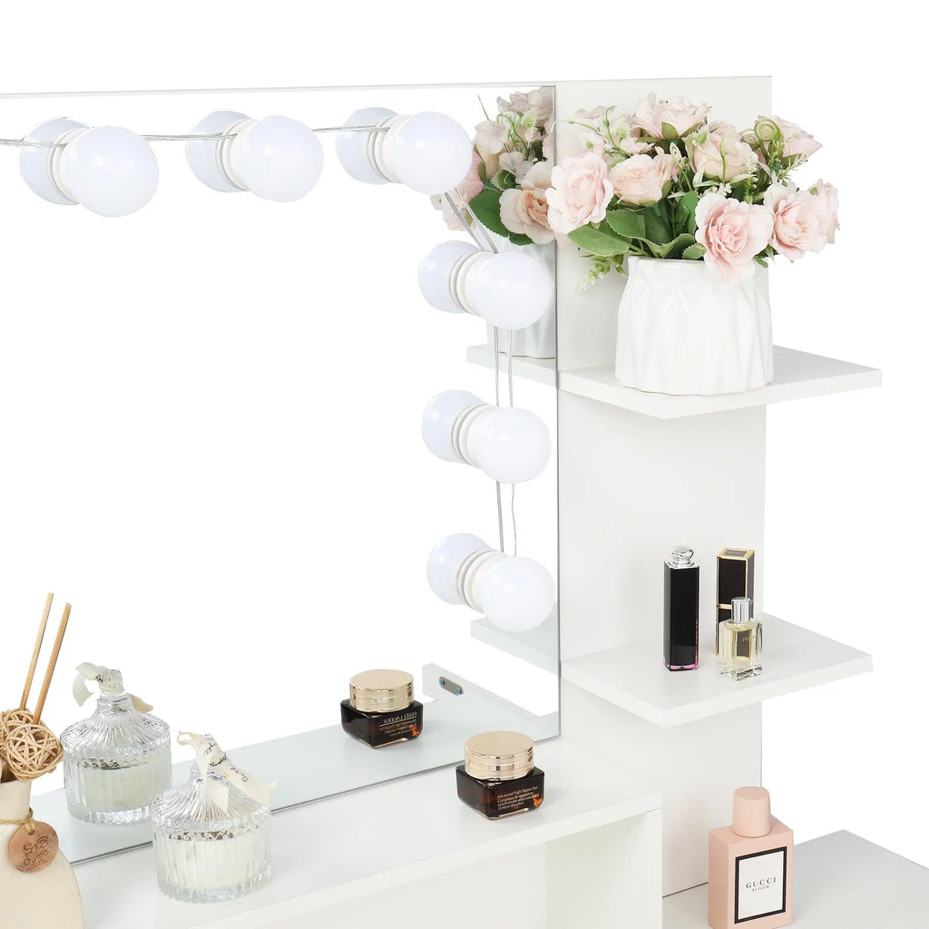 White Vanity Set with Lighted Mirror, Stool and Storage Shelves S892758