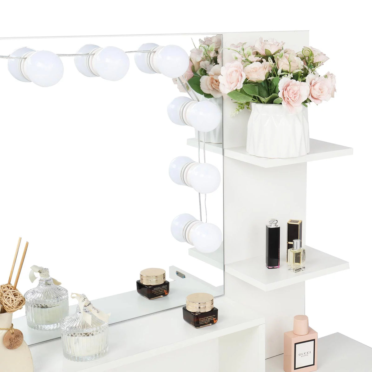 White Vanity Set with Lighted Mirror, Stool and Storage Shelves S892758