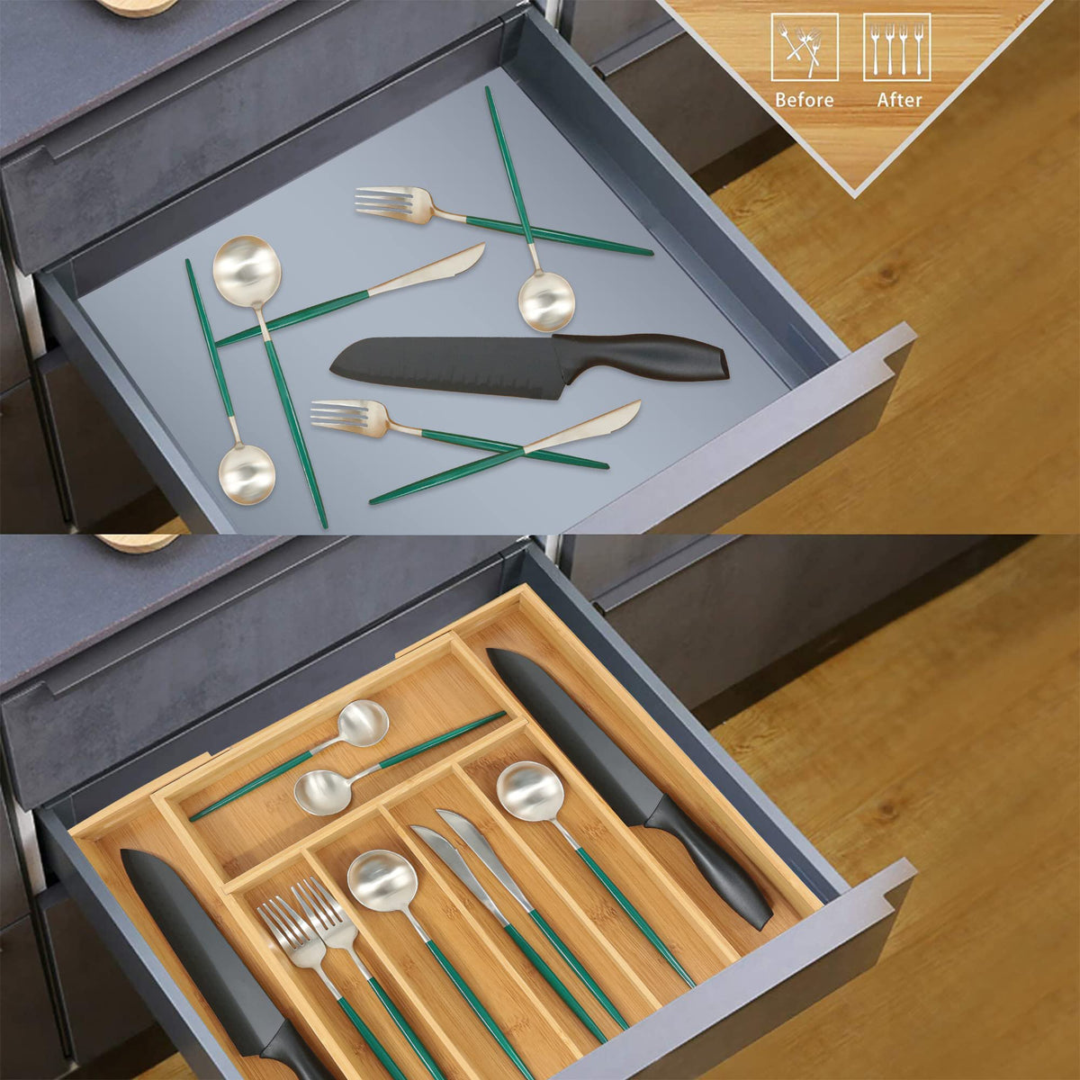 Bamboo Drawer Organizer with Adjustable Dividers, Medium, Brown E2083