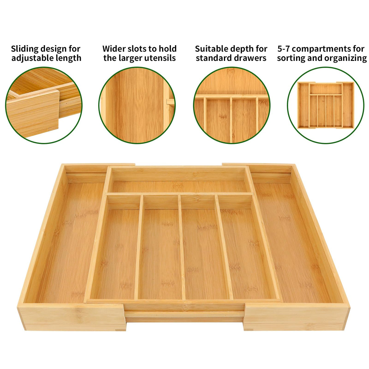 Bamboo Drawer Organizer with Adjustable Dividers, Medium, Brown E2083