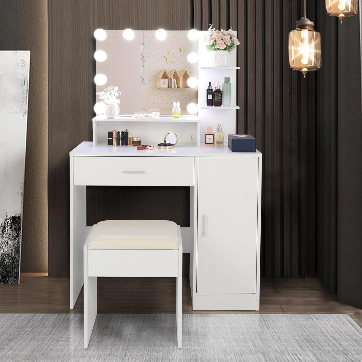 White Vanity Set with Lighted Mirror, Stool and Storage Shelves S892758