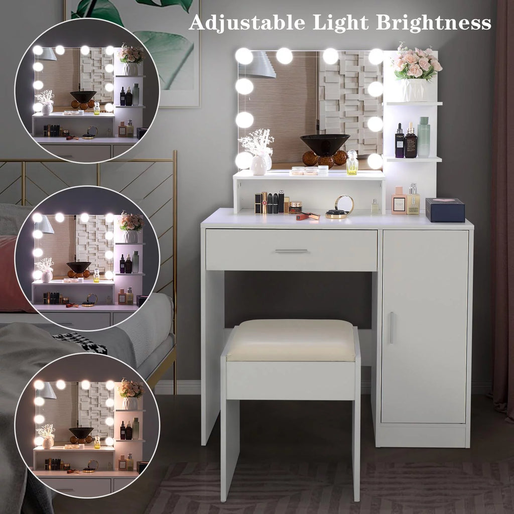 White Vanity Set with Lighted Mirror, Stool and Storage Shelves S892758