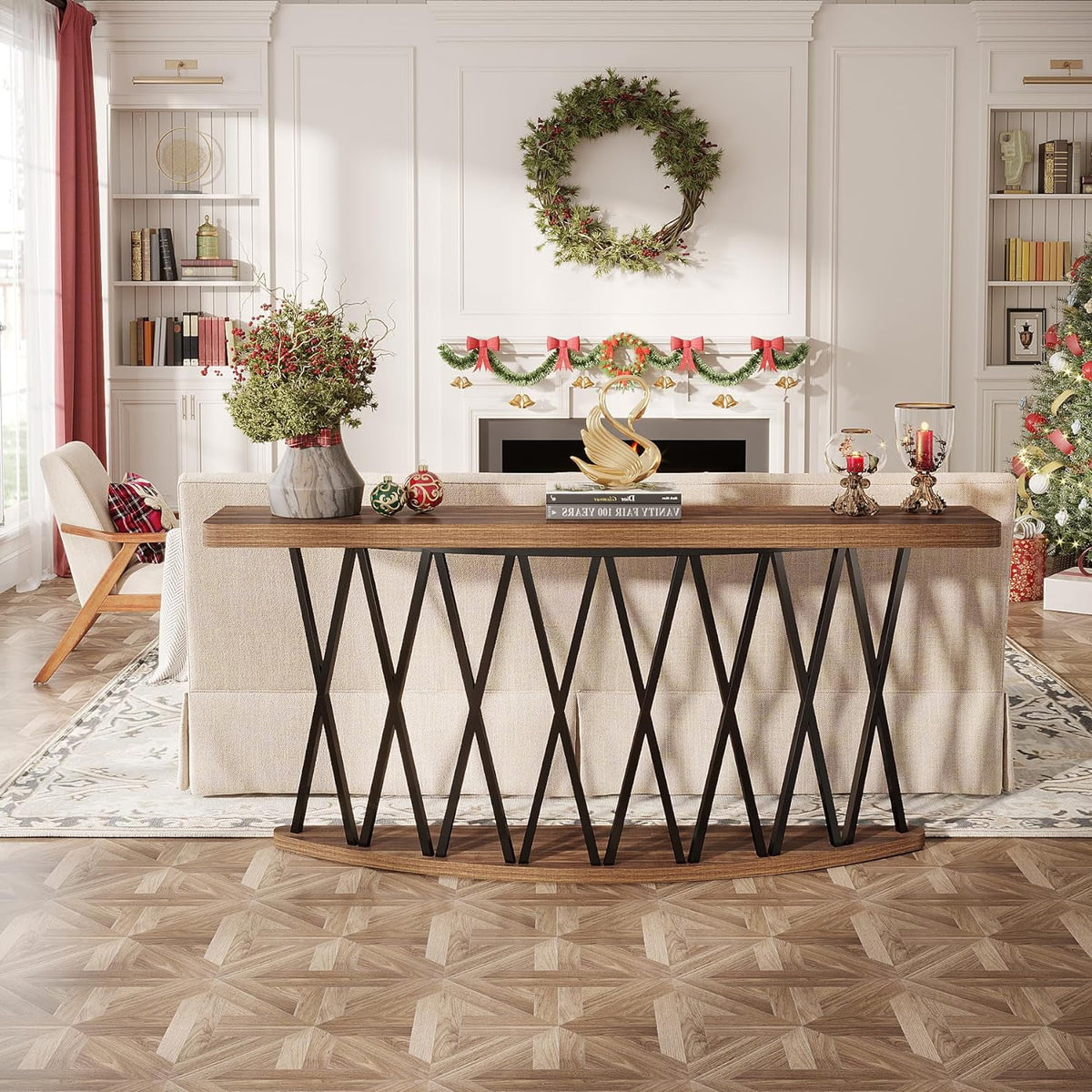 70.8-Inch Wooden Console Table with X-Shaped Metal Frame K75431