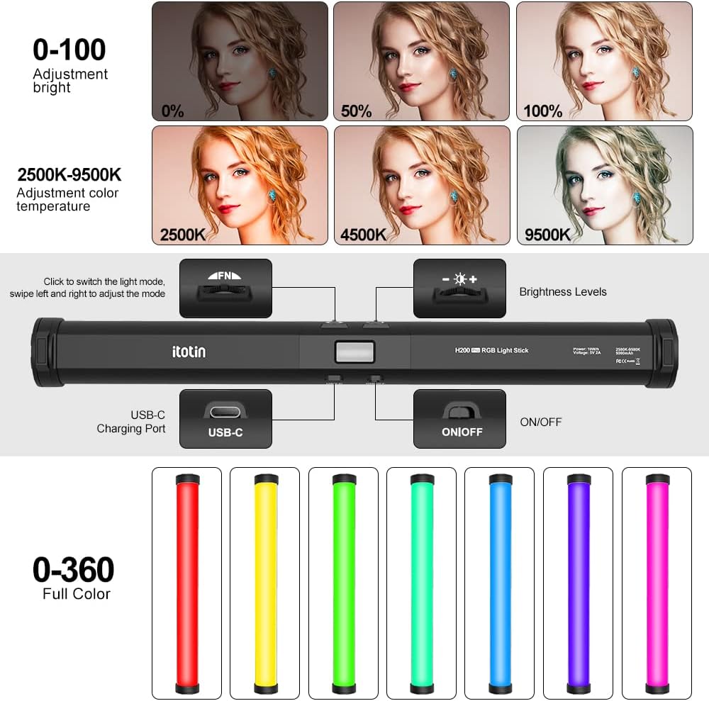 RGB LED Video Light Wand, Portable Studio Lighting, Magnetic Design, Rechargeable Battery, Pack of 2 M28404