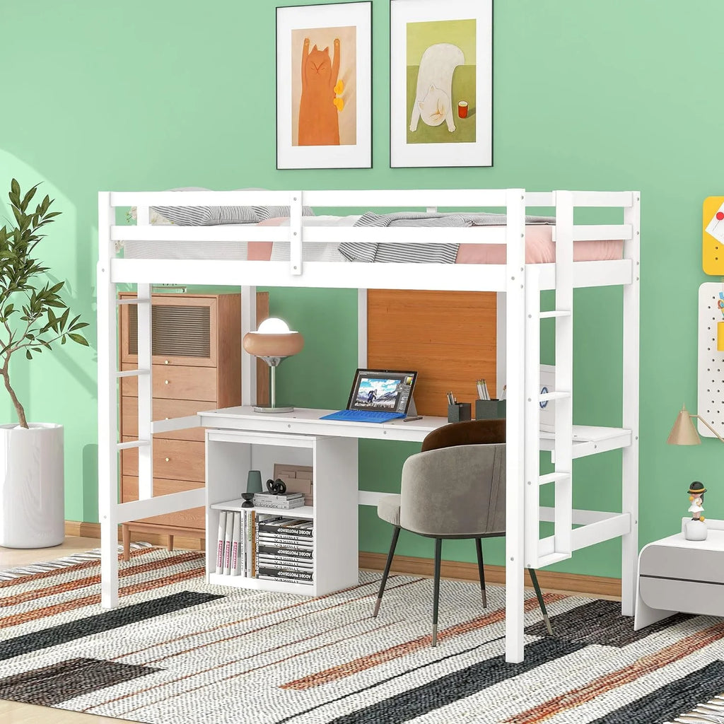 White Wood Loft Bed with Desk and Storage N8461