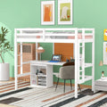 White Wood Loft Bed with Desk and Storage N8461