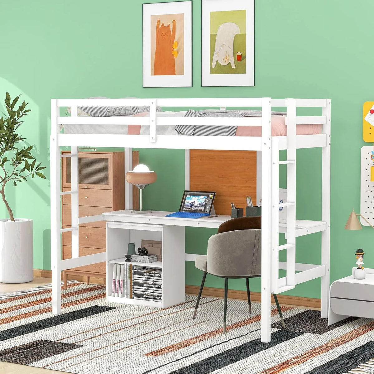 White Wood Loft Bed with Desk and Storage N8461