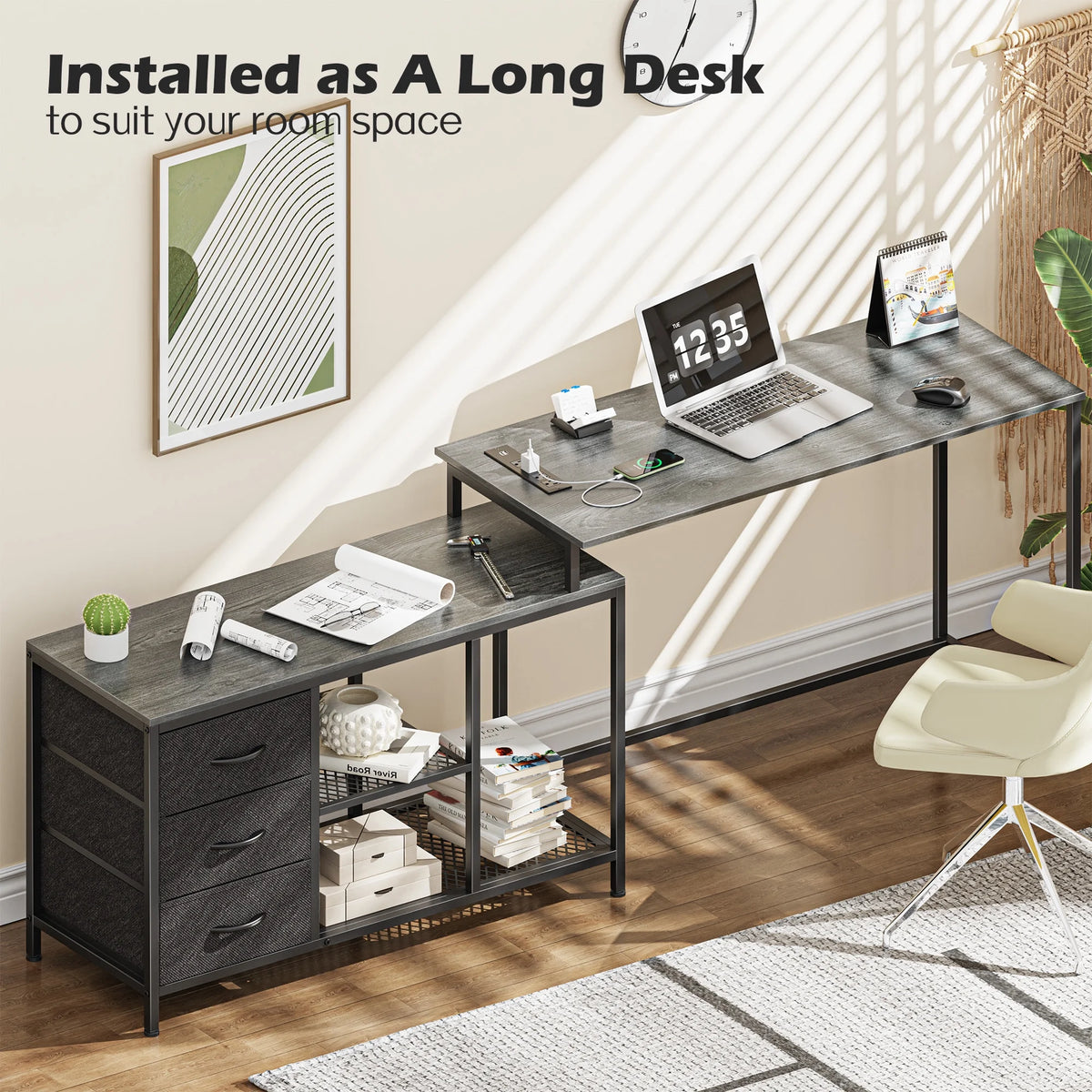 L Shaped Desk with Power Outlets, Fabric Drawer & Storage Shelves, Gray W4831