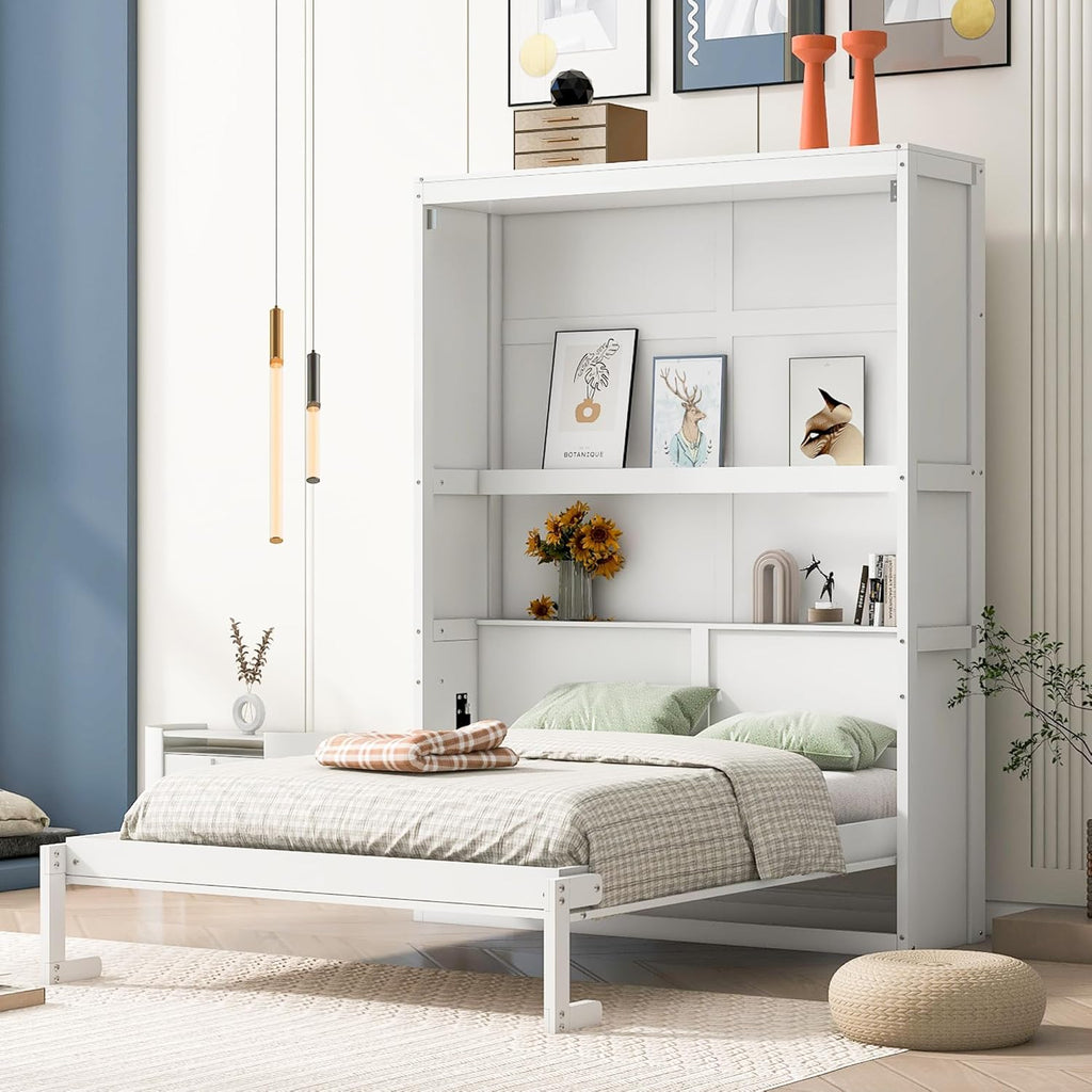 White Full Size Murphy Frame with Cabinet Drawers and Storage Shelves B5444