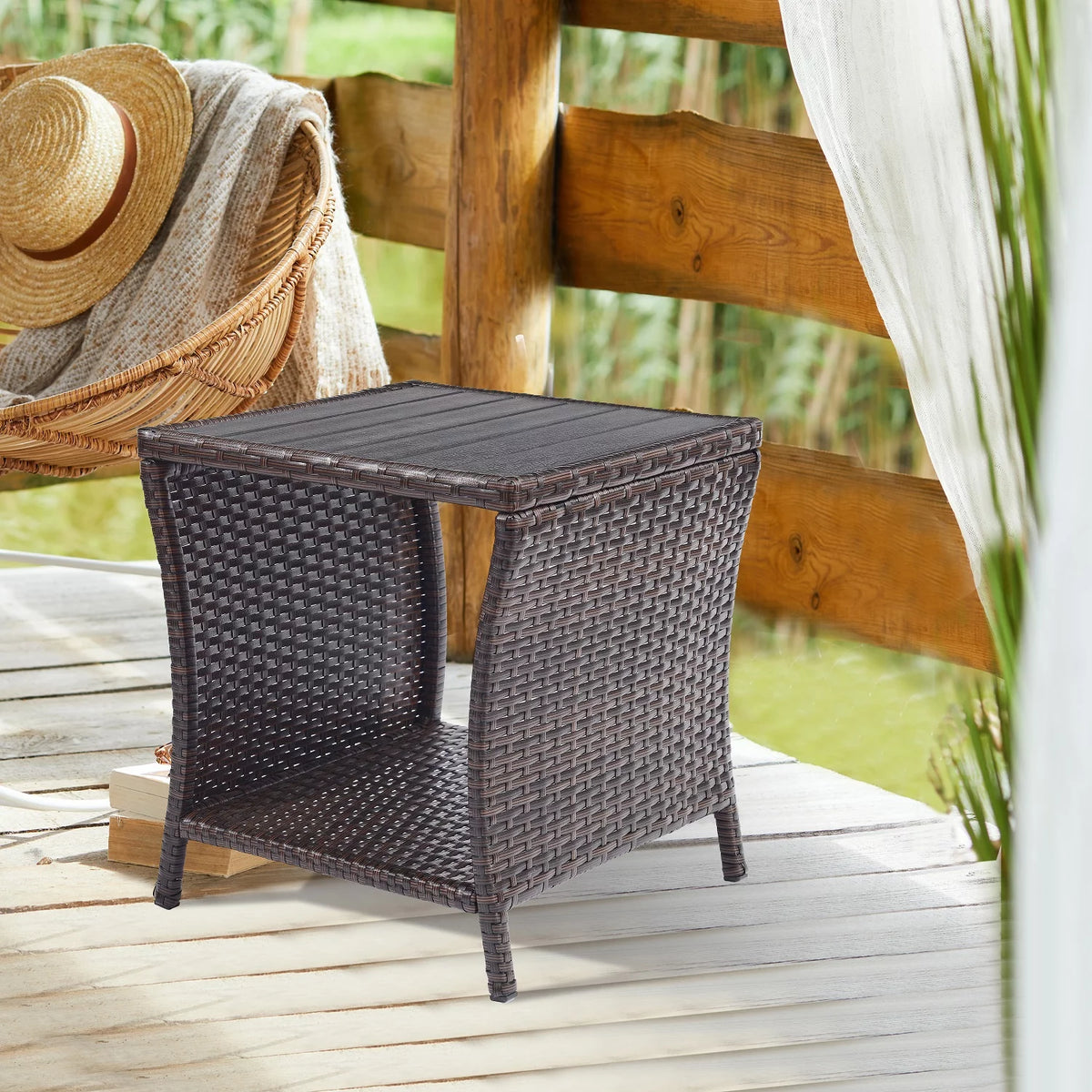 Brown Rattan Wicker Outdoor Side Table with Storage B518247