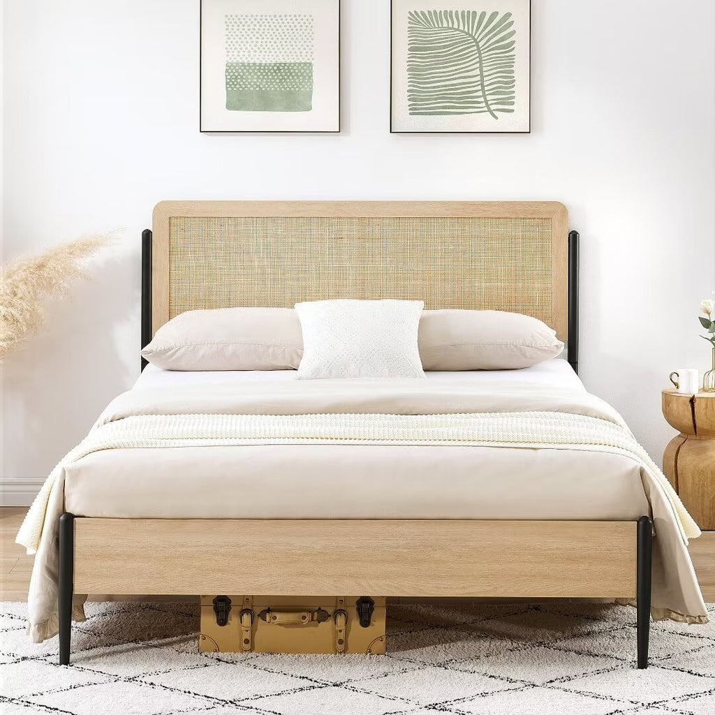 Queen Size Metal Platform Bed Frame with Rattan Headboard M839893