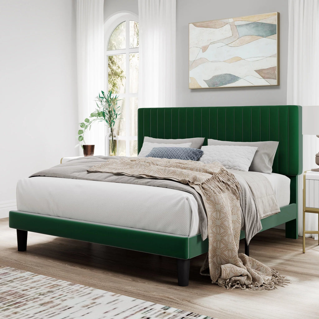 Pink Queen Size Upholstered Platform Bed Frame with Velvet Headboard N2816