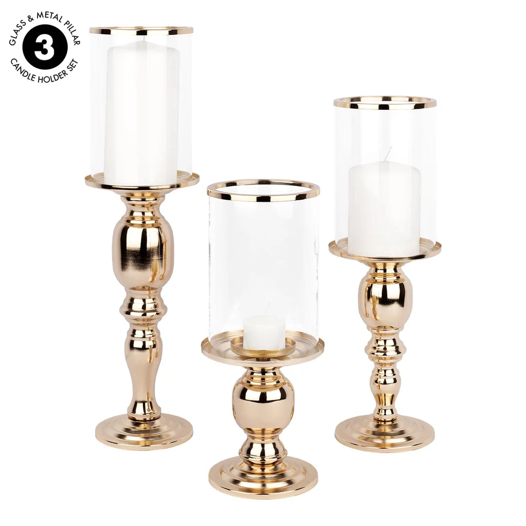 Copper Pillar Candle Holders With Hurricane Glass, Set of 3 P273