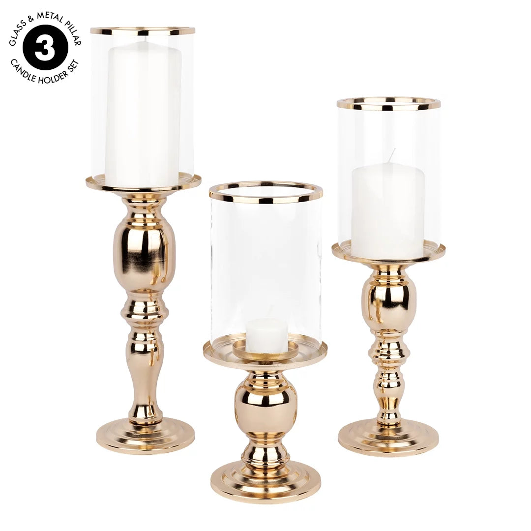 Copper Pillar Candle Holders With Hurricane Glass, Set of 3 P273
