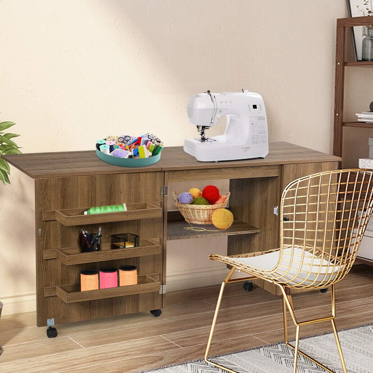 Folding Sewing Craft Table with Storage Cabinet and Wheels Natural A4565