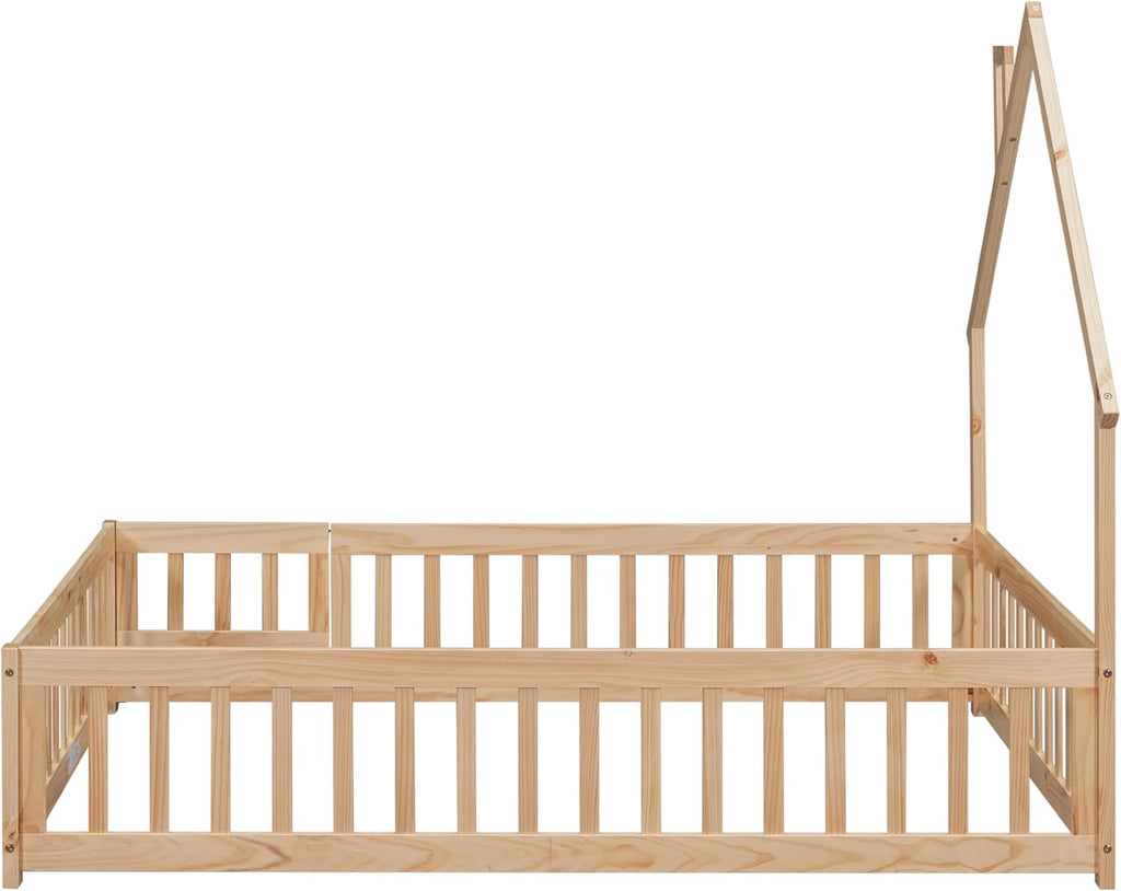 Natural Full Size Floor Bed Frame with Fence and Door R130992