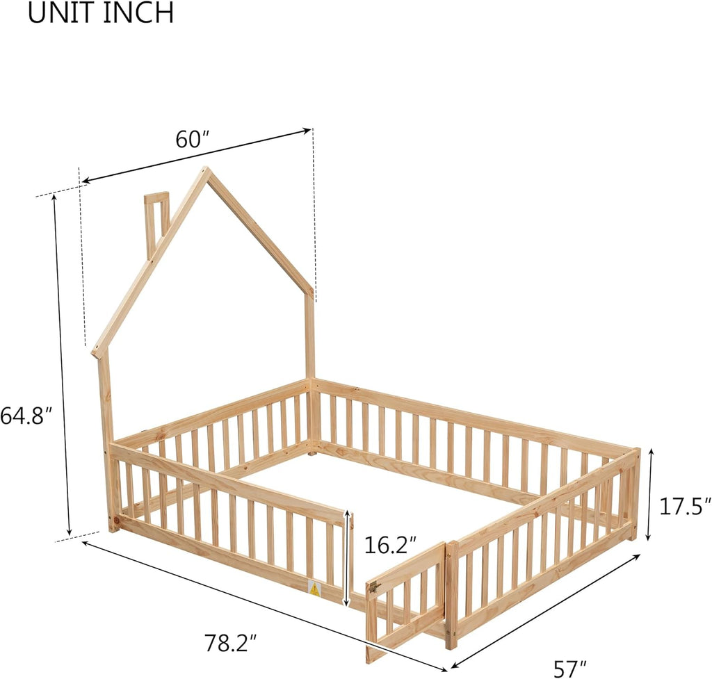 Natural Full Size Floor Bed Frame with Fence and Door R130992