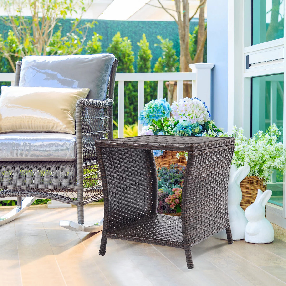 Brown Rattan Wicker Outdoor Side Table with Storage B518247