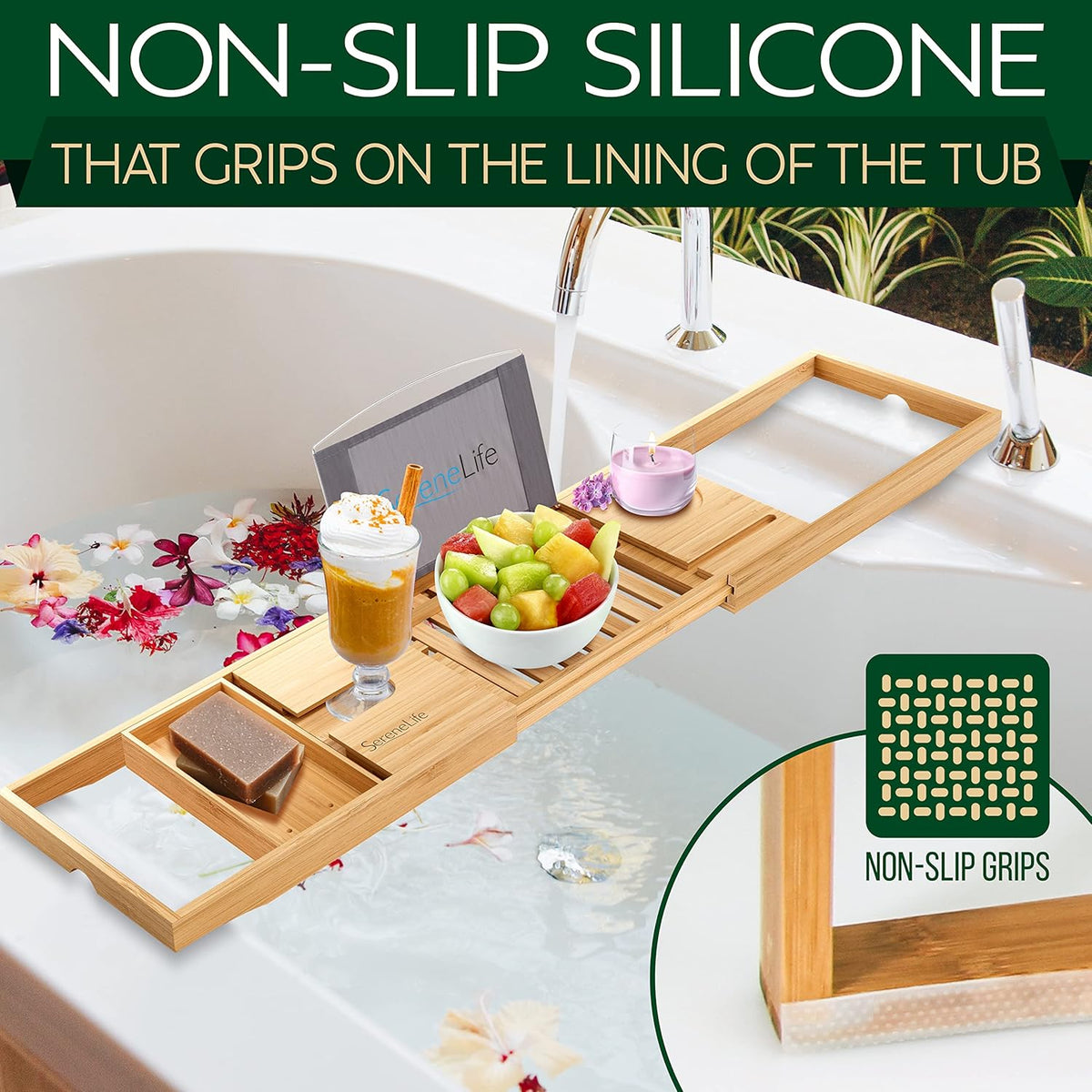 Bamboo Bathtub Caddy Tray with Wine Holder S4582