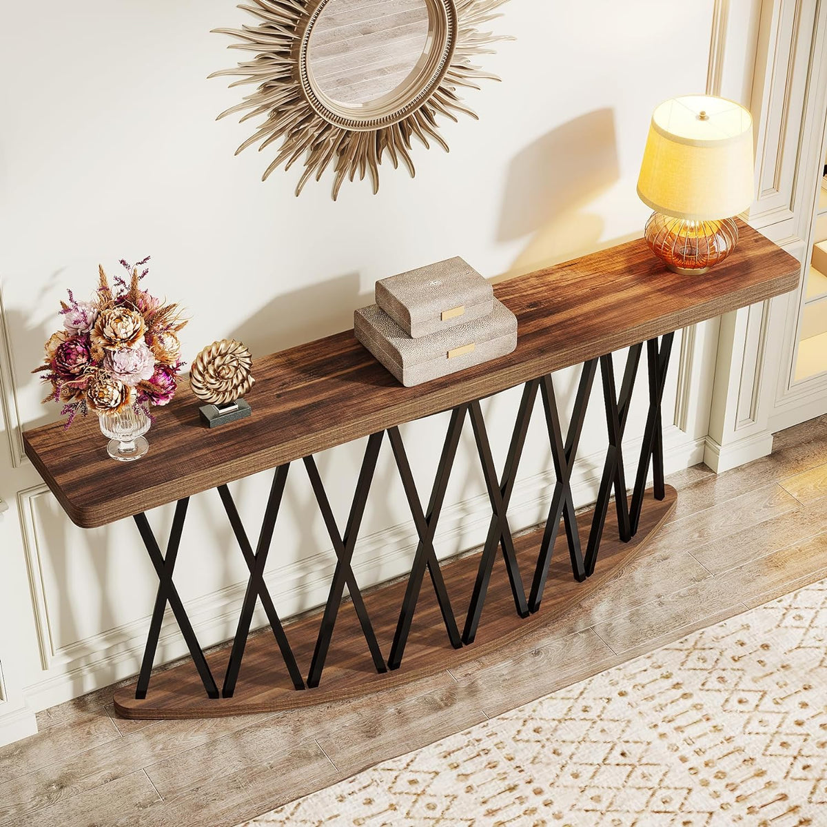 70.8-Inch Wooden Console Table with X-Shaped Metal Frame K75431
