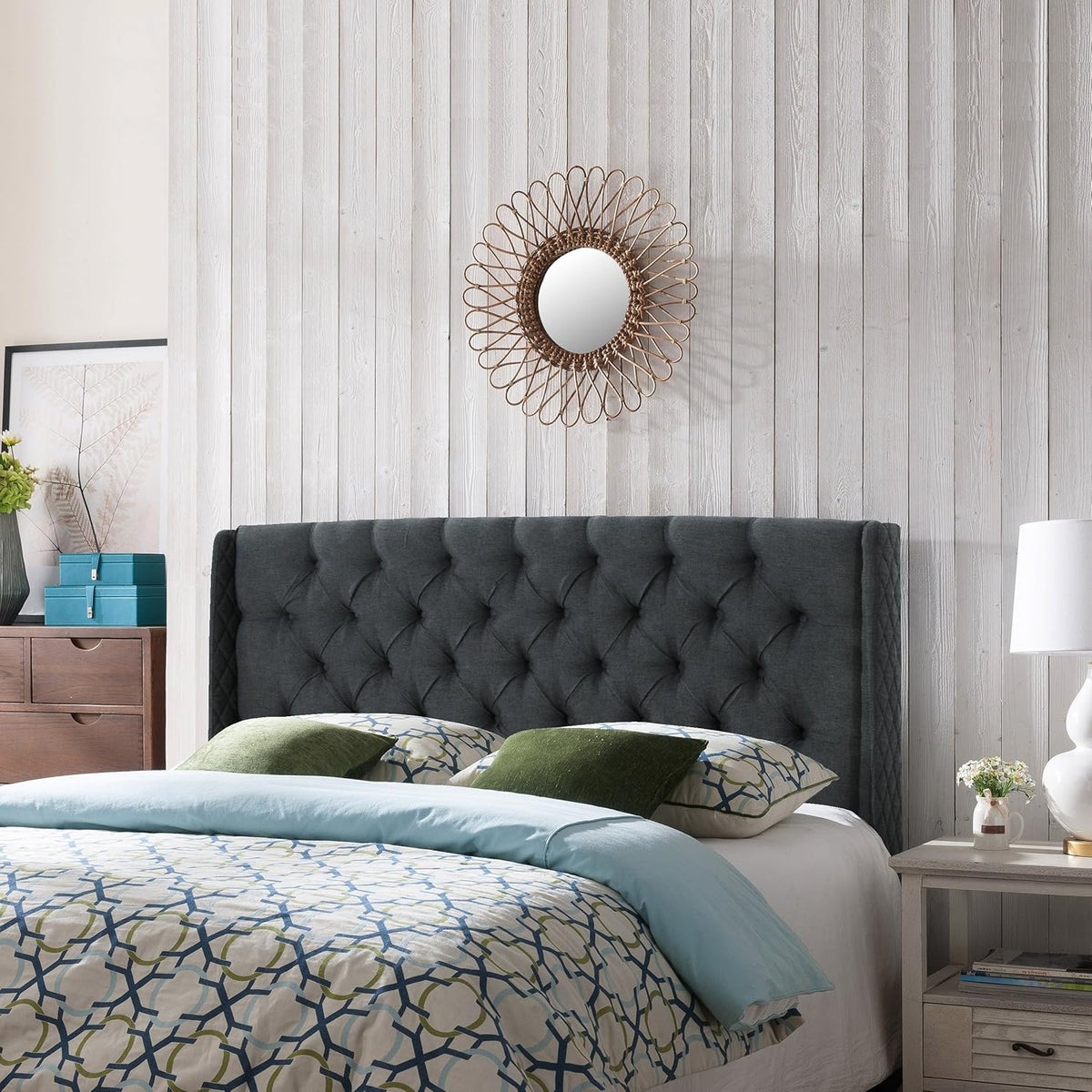 Queen Dark Gray Black Tufted Fabric Headboard N56187