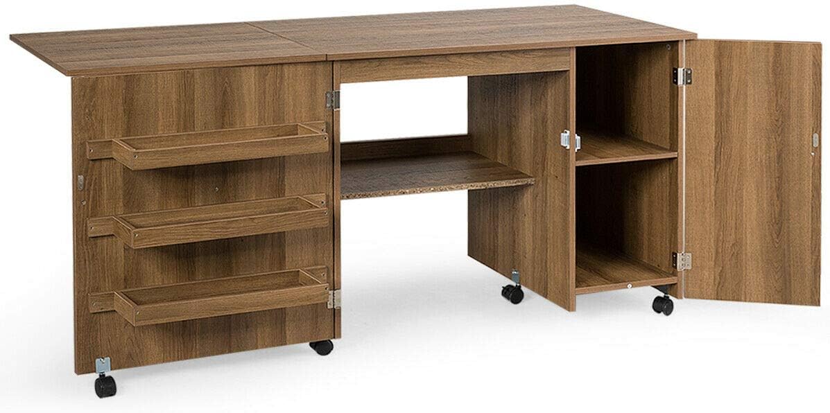 Folding Sewing Craft Table with Storage Cabinet and Wheels Natural A4565