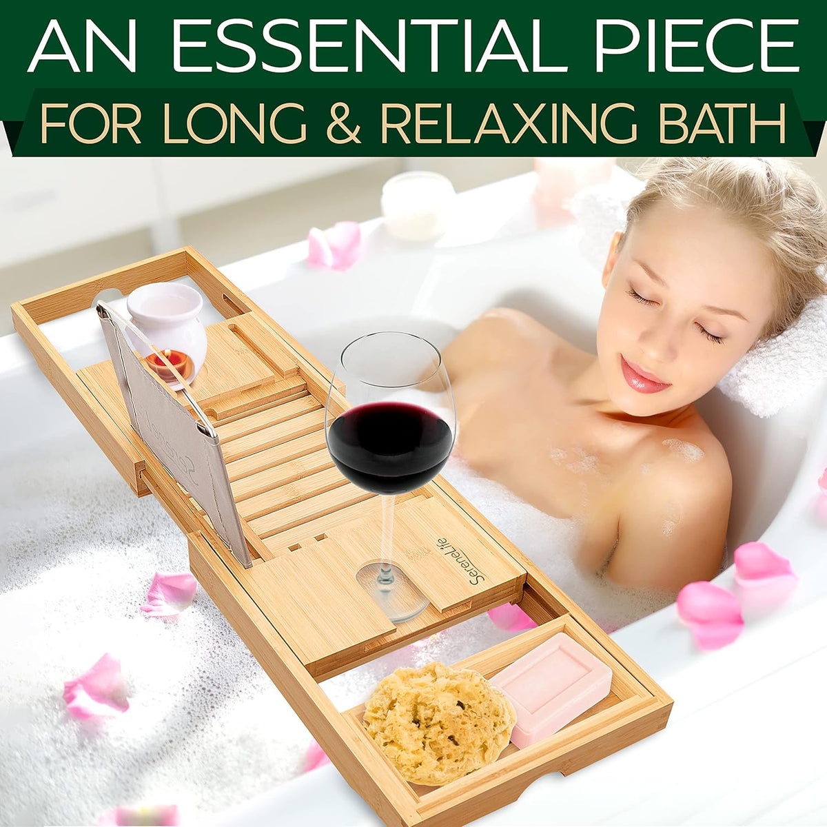 Bamboo Bathtub Caddy Tray with Wine Holder S4582