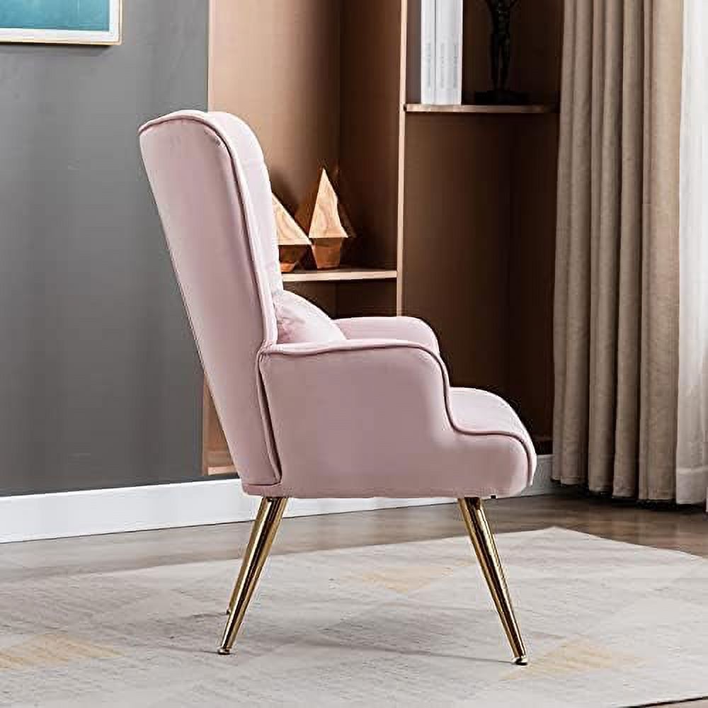 Velvet Buttoned Accent Arm Lounge Chair with Golden Plated Metal Legs & Pillow High Wingback Chair E990567
