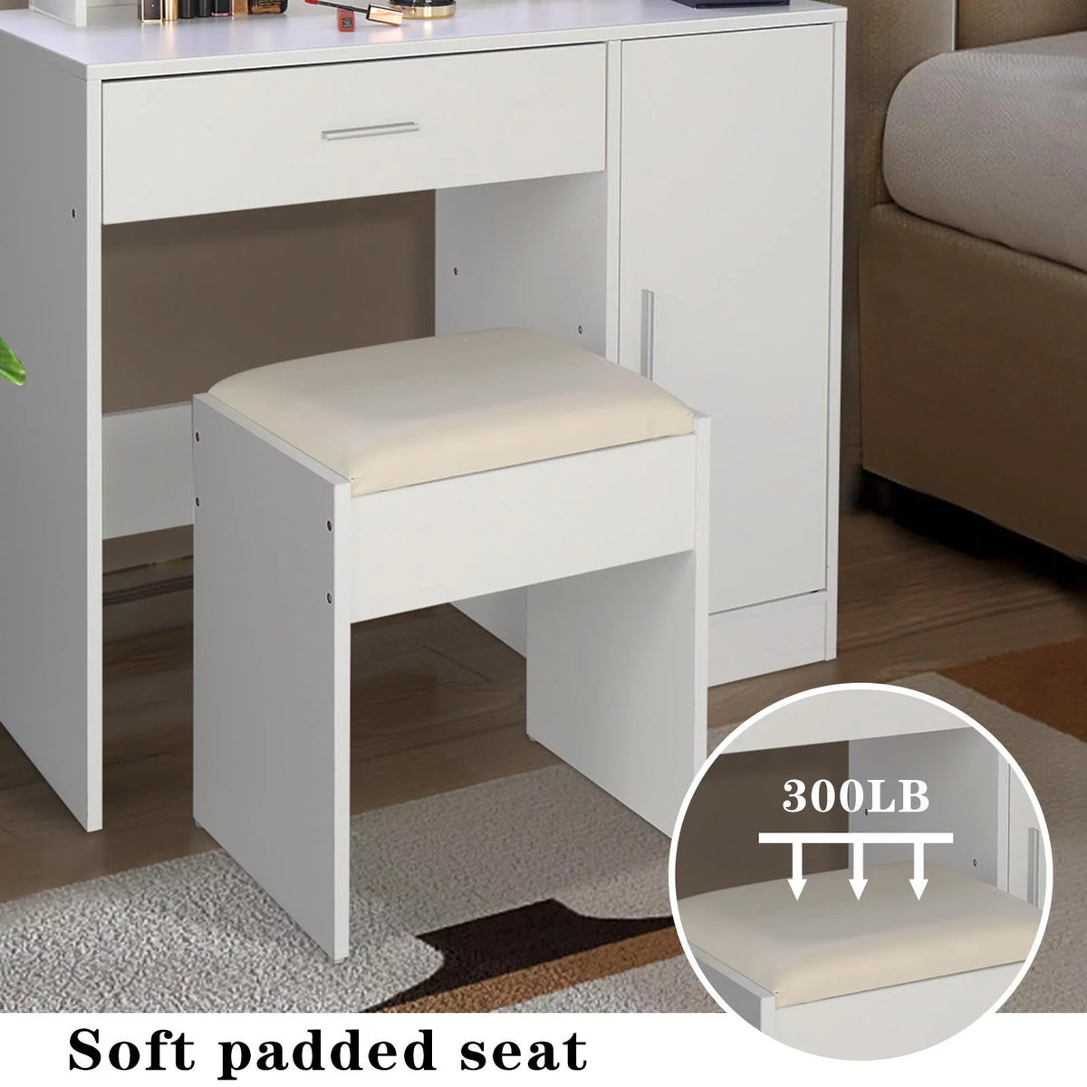 White Vanity Set with Lighted Mirror, Stool and Storage Shelves S892758