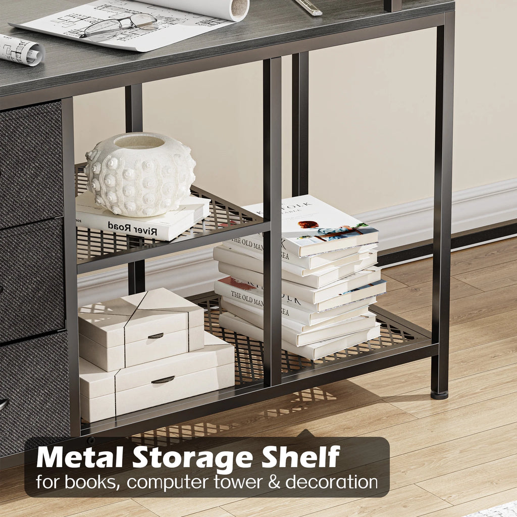L Shaped Desk with Power Outlets, Fabric Drawer & Storage Shelves, Gray W4831