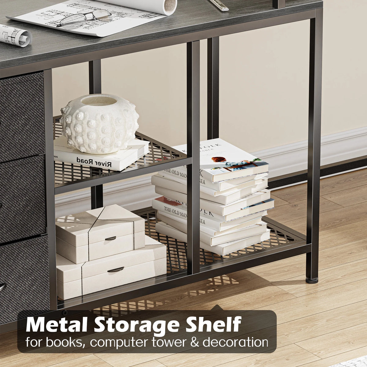 L Shaped Desk with Power Outlets, Fabric Drawer & Storage Shelves, Gray W4831