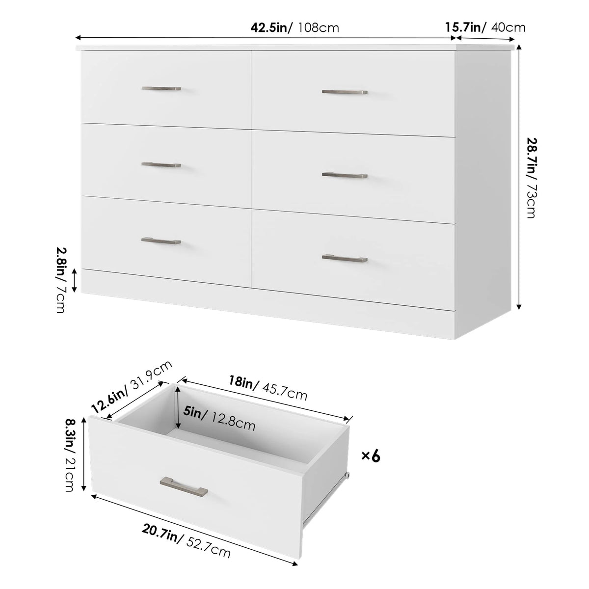 White 6 Drawer Wood Dresser B2622
