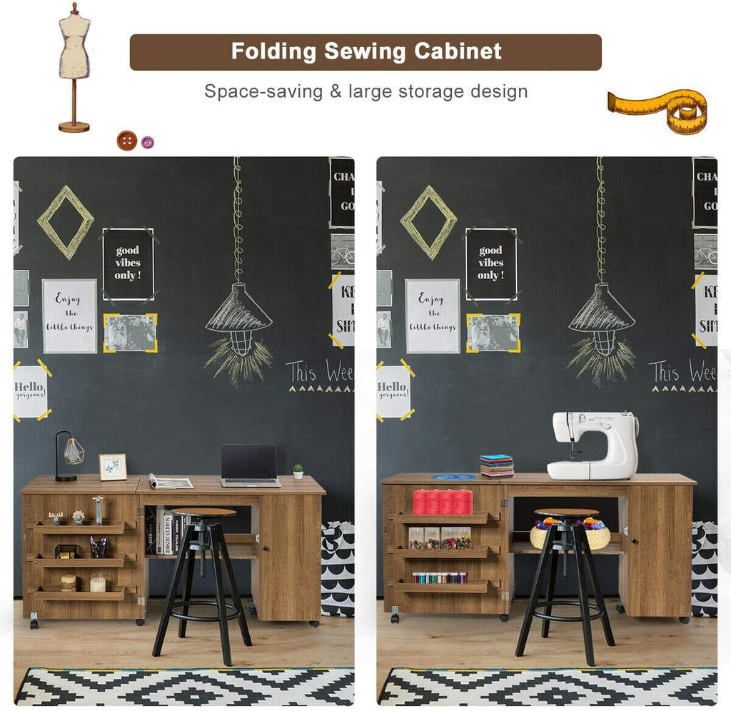 Folding Sewing Craft Table with Storage Cabinet and Wheels Natural A4565