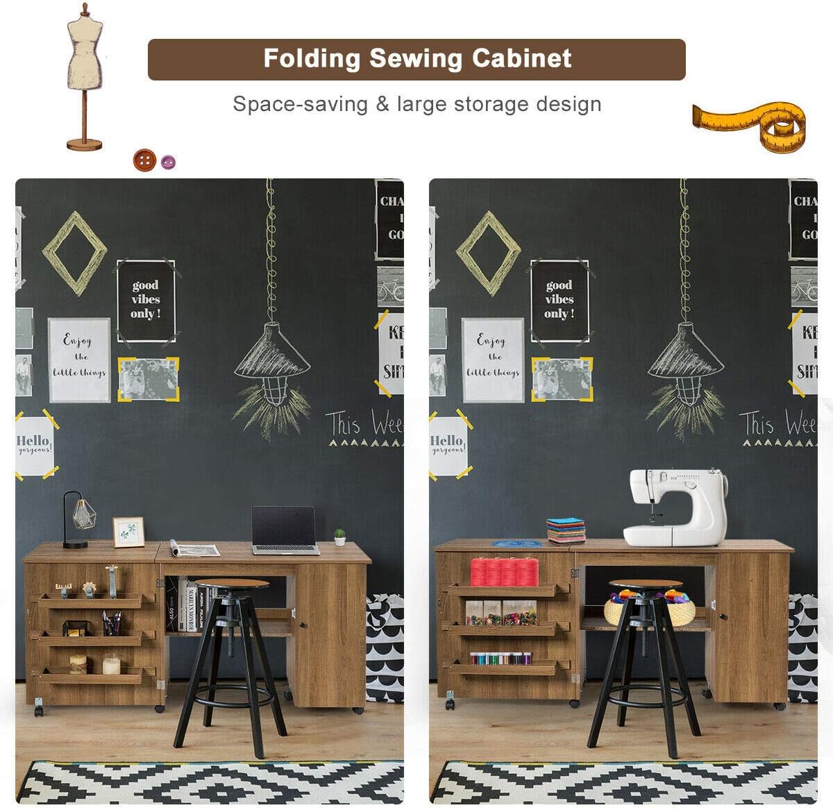Folding Sewing Craft Table with Storage Cabinet and Wheels Natural A4565