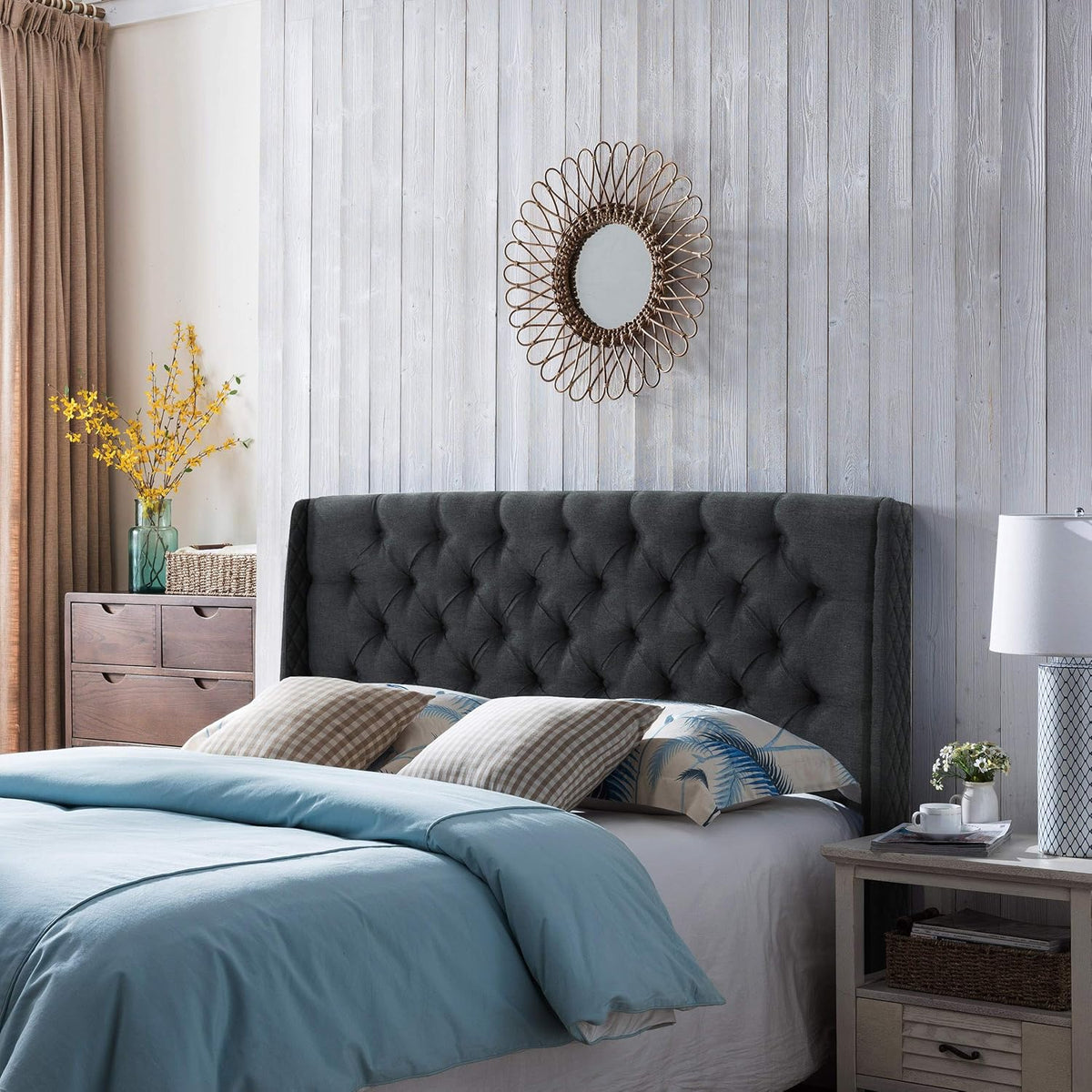 Queen Dark Gray Black Tufted Fabric Headboard N56187