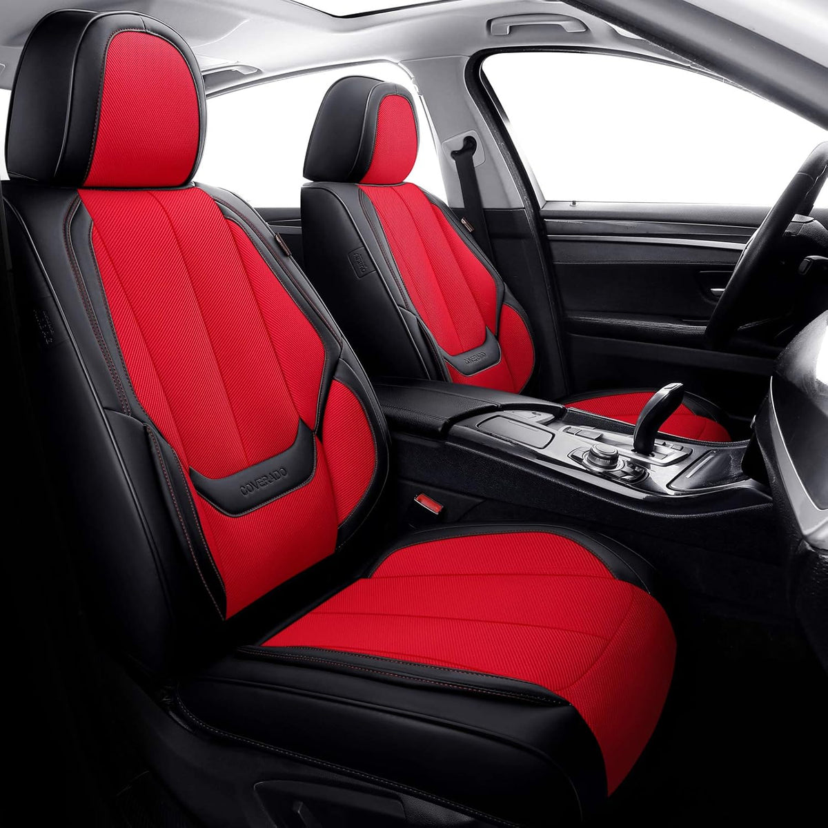 Red 4 Pieces Fabric & Leather Car Seat Covers Full Set Y96606