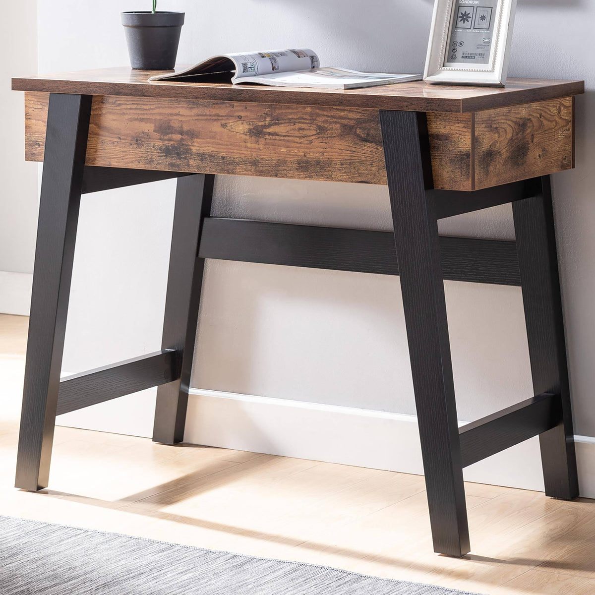 Lift-Top Desk in Distressed Wood and Black H226