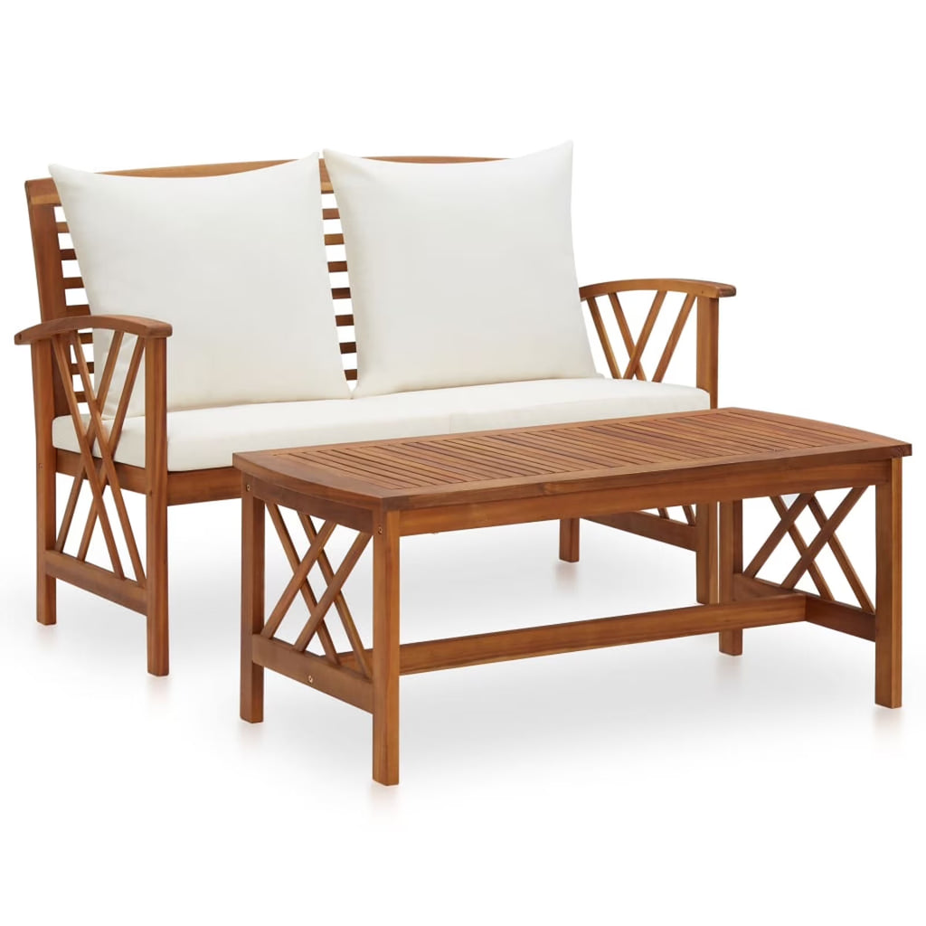 2 Piece Outdoor Sectional Sofa Set with White Cushion and Coffee Side Table Acacia Wood U807295