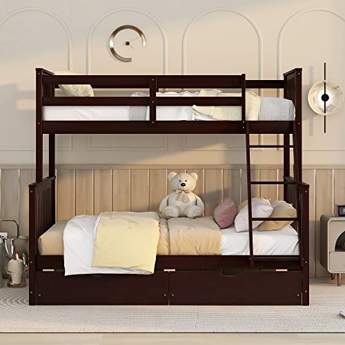 Full Over Full Wood Bunk Bed with Twin Trundle and 4 Drawer E2392