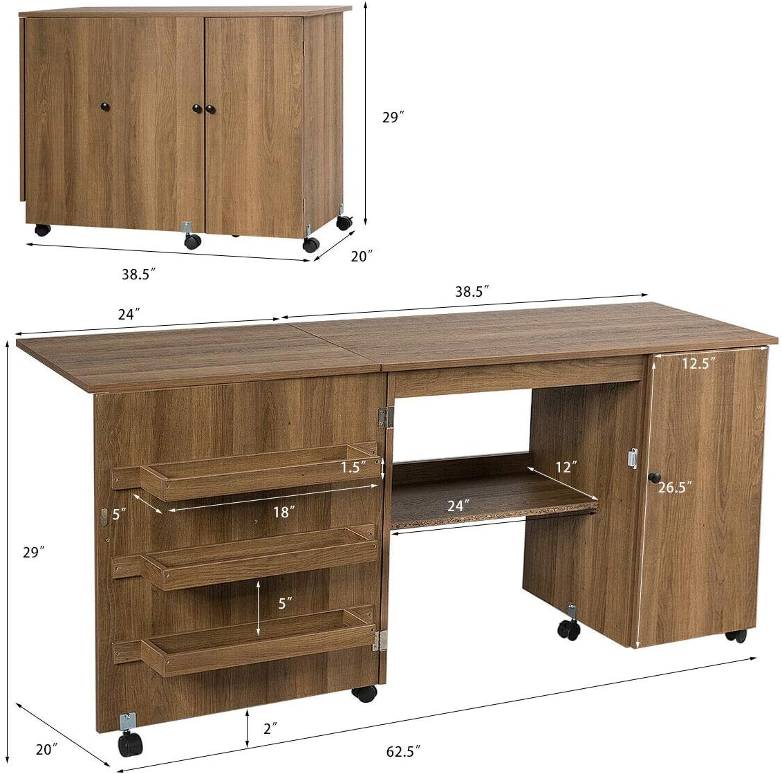 Folding Sewing Craft Table with Storage Cabinet and Wheels Natural A4565