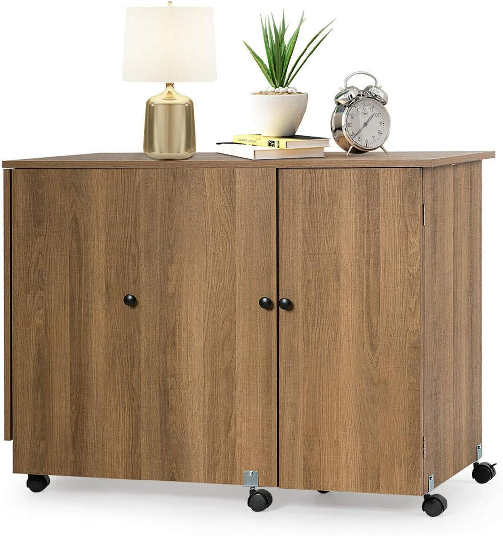 Folding Sewing Craft Table with Storage Cabinet and Wheels Natural A4565