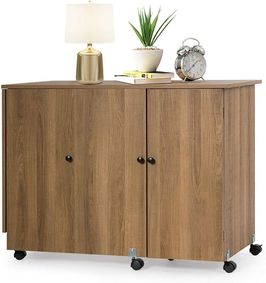 Folding Sewing Craft Table with Storage Cabinet and Wheels Natural A4565