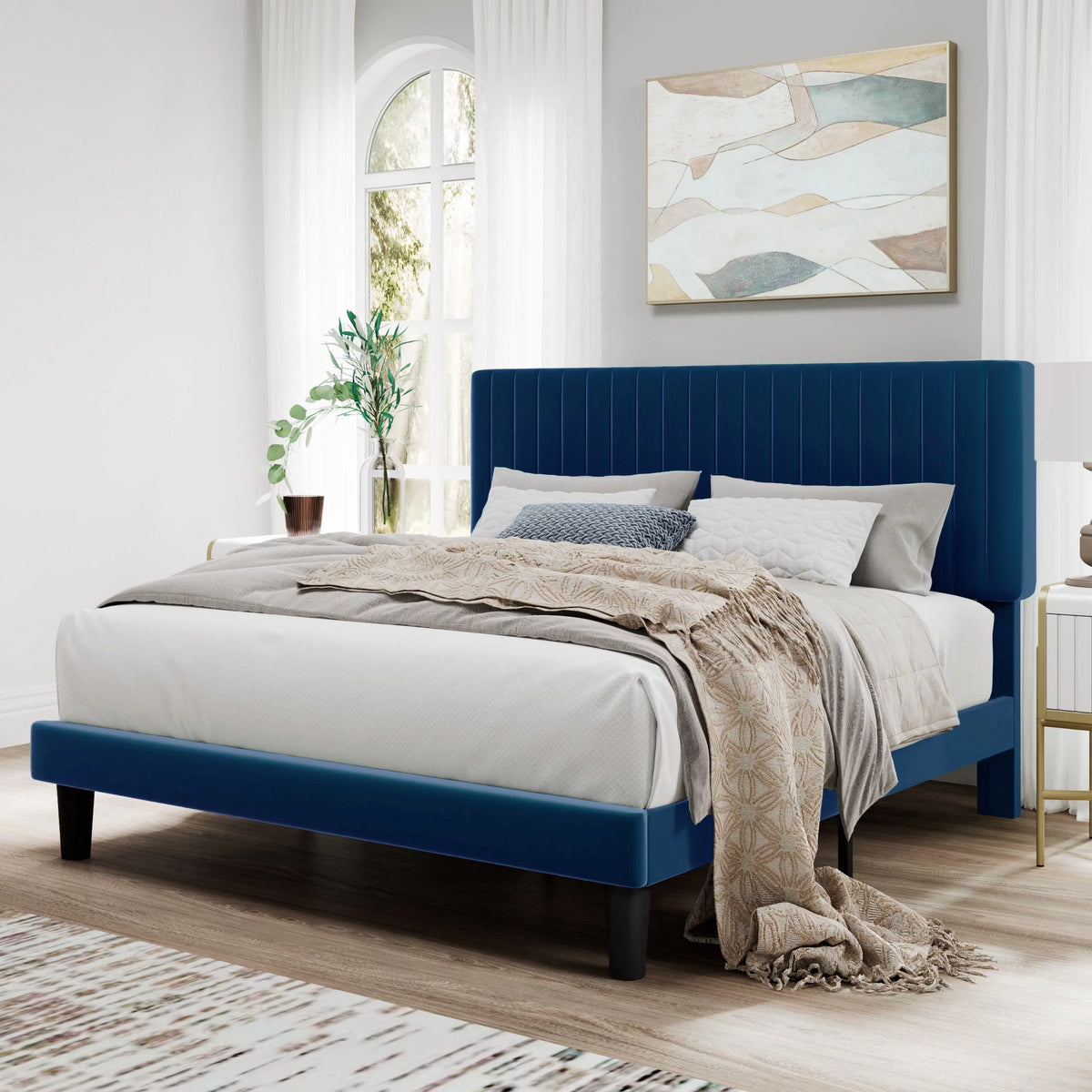 Pink Queen Size Upholstered Platform Bed Frame with Velvet Headboard N2816