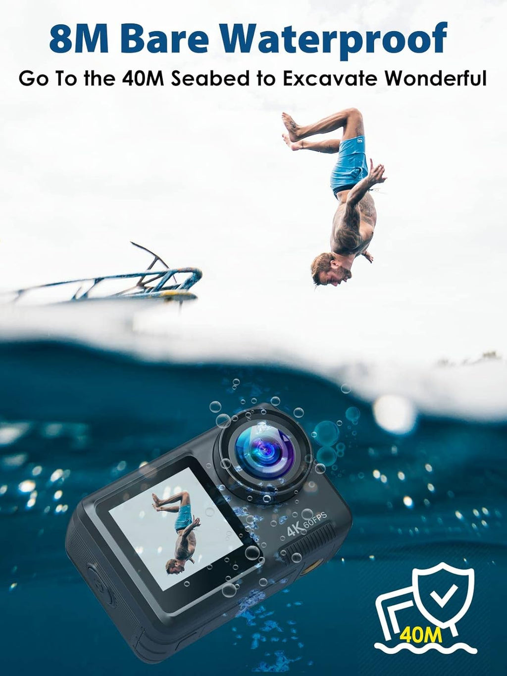 4K 60FPS Dual-Screen Waterproof Action Camera with Touch Screen and 2 Batteries L48933