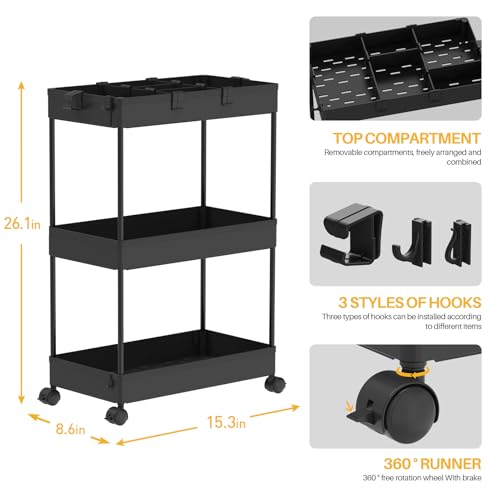 Black 3 Tier Rolling Cart with Wheels L73987