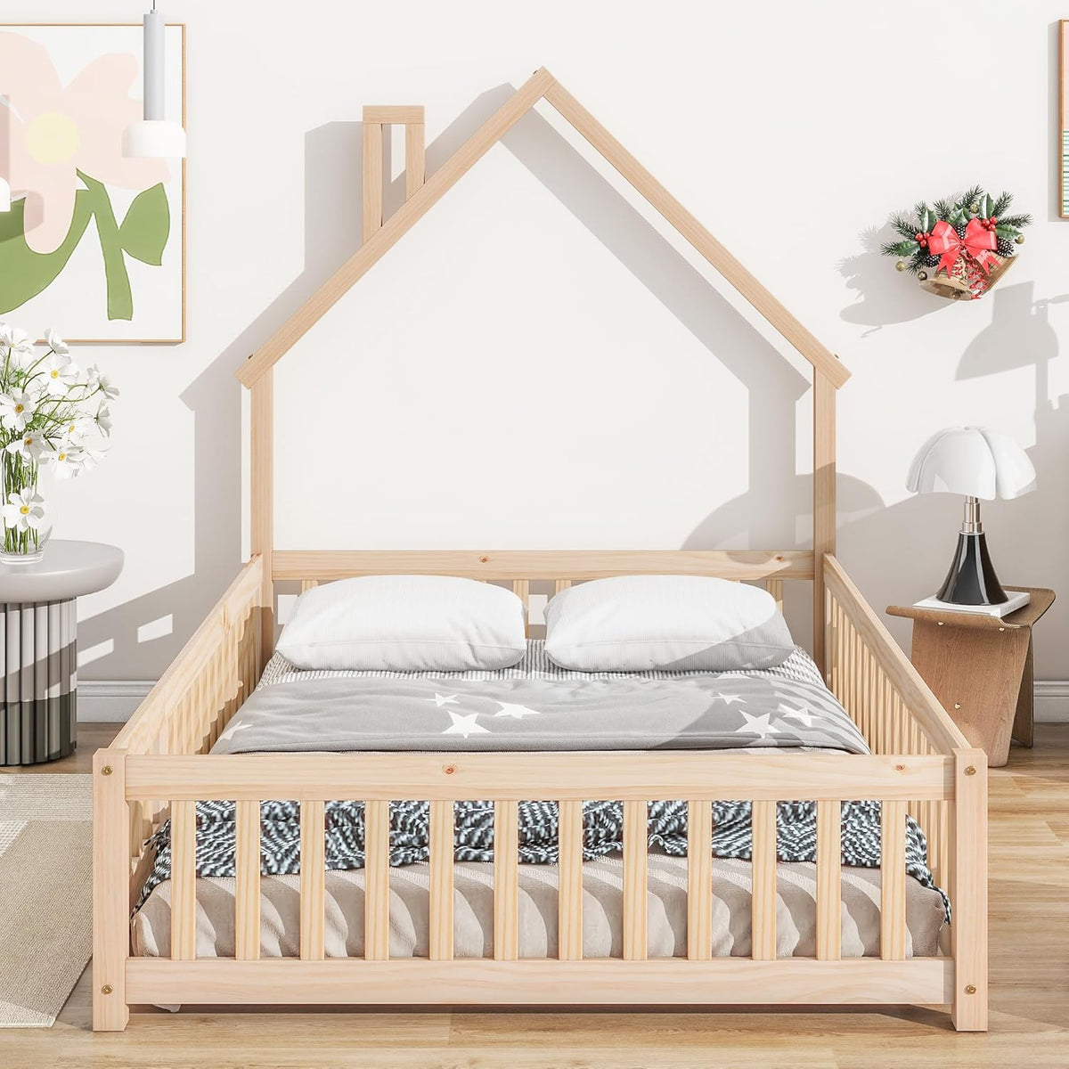 Natural Full Size Floor Bed Frame with Fence and Door R130992