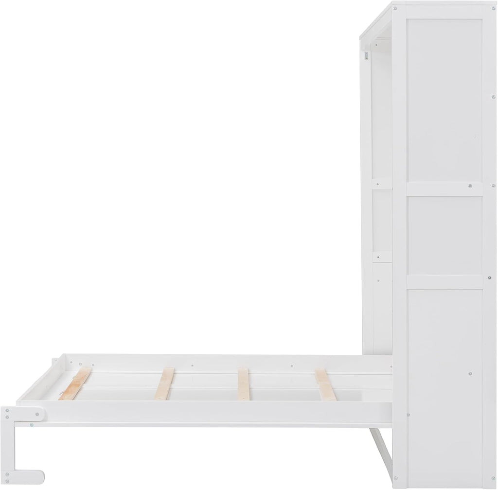 White Full Size Murphy Frame with Cabinet Drawers and Storage Shelves B5444