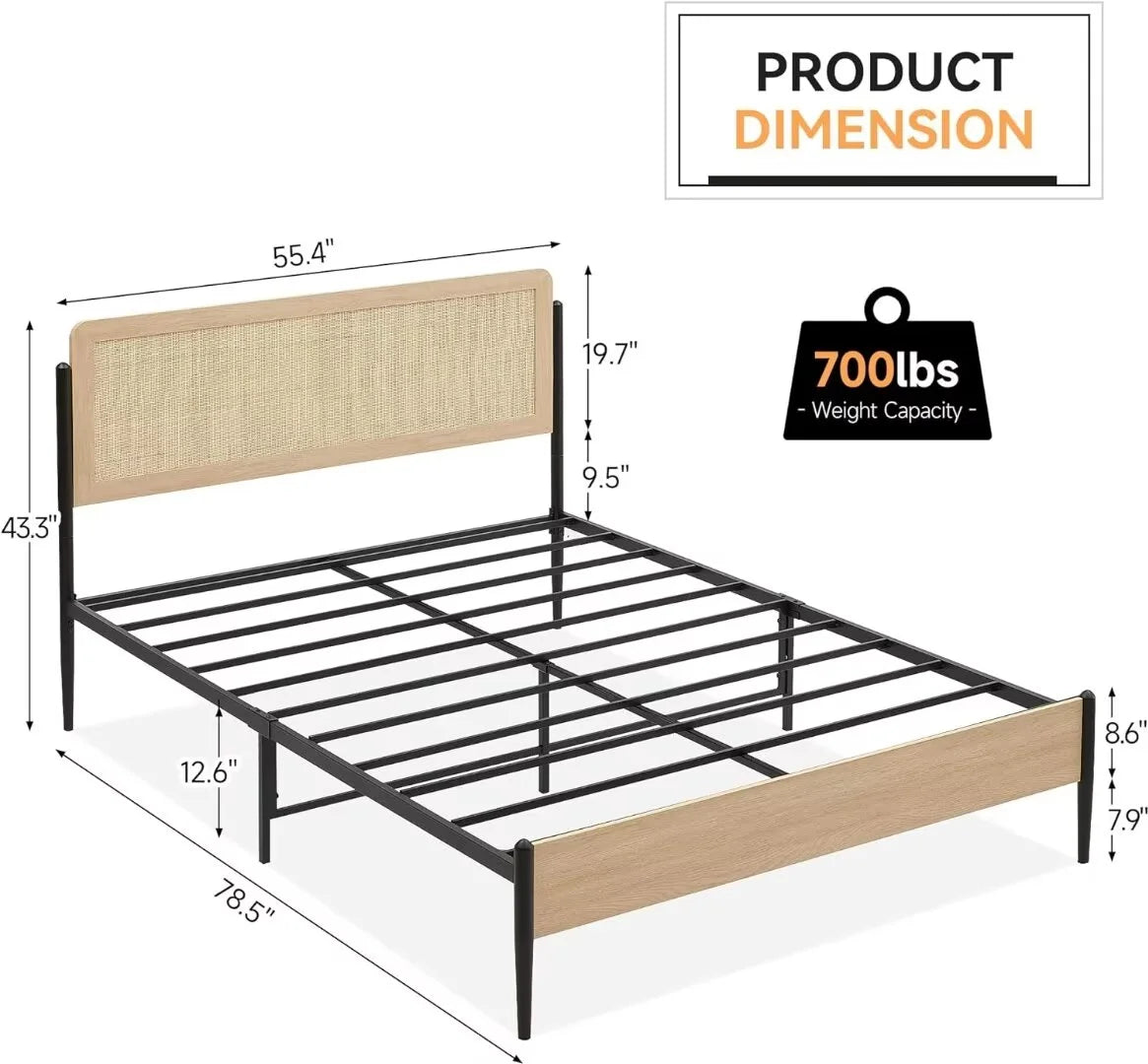 Queen Size Metal Platform Bed Frame with Rattan Headboard M839893