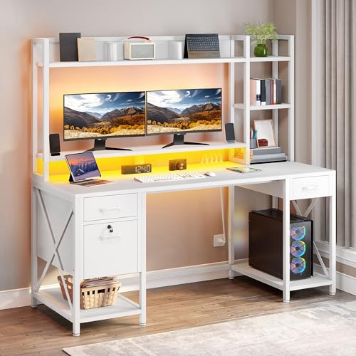 Rustic Brown Computer Desk with Drawers and Hutch K131829