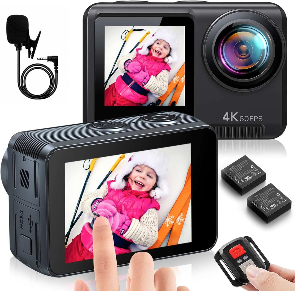 4K 60FPS Dual-Screen Waterproof Action Camera with Touch Screen and 2 Batteries L48933